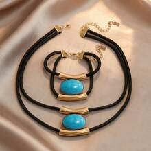 2pcs Bohemian Style Vintage Exaggerated Faux Turquoise Geometric Oval Necklace And Bracelet Set, Black Acrylic Pendant, Multi-Layer Personalized Minimalist Luxury Jewelry Gift - Geometry - View 6
