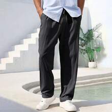 Men's Cotton Linen Pants Straight Leg Lightweight Breathable Comfortable Trousers Beach Style Solid Color Casual Cozy Sweatpants - 海軍 - 查看 6