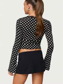 Women's Slim Fit Crop Tops Fashionable Dot Print Long Sleeve V Neck Blouse For Casual Daily Wear - 黑色 - 查看 7