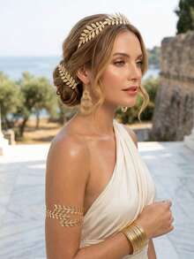 5件套希腊女神风格服装及配饰套装，包括树叶皇冠、发箍、手镯、耳环、新娘头饰、万圣节主题 - 彩色 - 查看 4