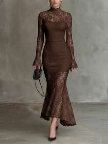 Schwarzes Spitzen-Langkleid, elegantes sexy transparentes figurbetontes Meerjungfrauen-Kleid für Frauen, Frühling/Sommer Braun - Braun - Übersicht 1