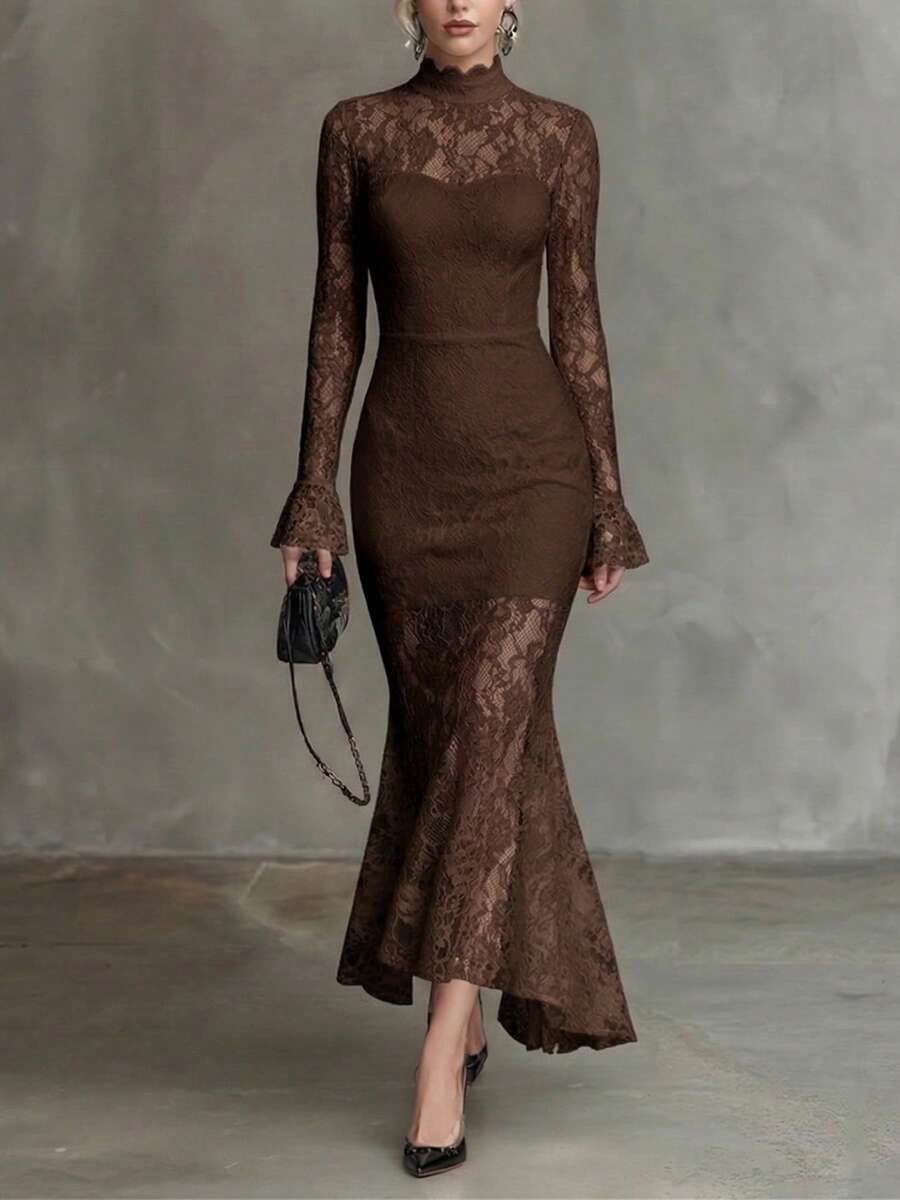 Schwarzes Spitzen-Langkleid, elegantes sexy transparentes figurbetontes Meerjungfrauen-Kleid für Frauen, Frühling/Sommer Braun - Braun - Übersicht 1
