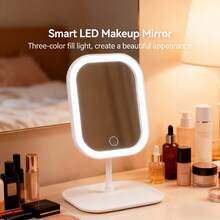 1个可调节LED化妆镜，智能三色灯光及亮度调节，一键USB充电，270°旋转高清桌面镜，可拆卸便携托盘，旅行电子化妆镜，适用于卧室、浴室、床头柜、宿舍，母亲节、生日、女士礼物，打造精致妆容 - 彩色 - 查看 8