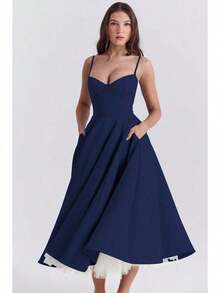 Women's Elegant Double Layered Flowy Dress, Classic Full Skirt A Line Swing Midi Gown, Lightweight Premium Casual Formal Dress, Modest Chic Party Wedding Guest Bridal Shower Evening Daily Outfit S-2XL - 藏蓝色 - 查看 2