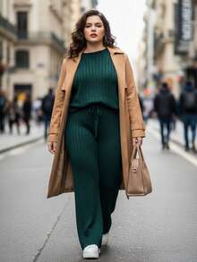 Plus Size Women's Ribbed Knit Set For Winter - Blouse And Wide-Leg Pants - Dark Green - View 3