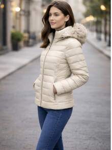 JAQUETA GOMINHO PUFFER FEMININA COM PELINHOS FORRADA CONFORTAVEL ESTILOSA - Creme - Visão 2