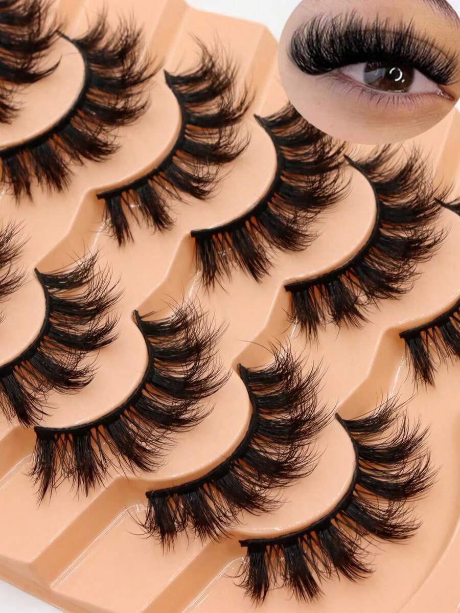 7 Pairs Thick Natural Look False Eyelashes, Cat Eye Mink Lashes, Fox Eye Lashes - Black - View 1