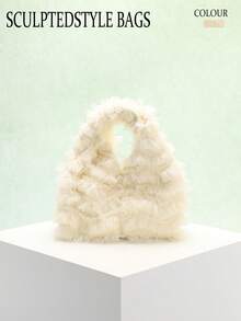 SCULPTEDSTYLE BAGS 1pc Tas Tangan Mini Rok Rumbai Jala Putih Krem Segar Musim Panas, Tas Tote Gaya Minimalis Kunci Putar Modis, Cocok Untuk Bepergian Dengan Gaun Bermotif Bunga - Krem - View 8