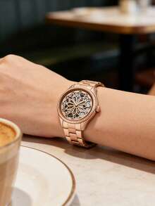 Fossil Hết hàng. Đồng hồ nữ Rye Automatic Mechanical bằng thép không gỉ, mặt số rỗng, màu bạc, dây đeo bằng thép không gỉ, thanh lịch và thời trang, phù hợp để đeo hàng ngày, hẹn hò, lễ hội và làm quà tặng. BQ3753/BQ3754/BQ3755 - Hoa hồng vàng - Xem 3