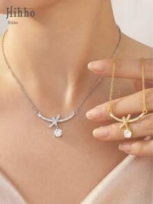 Hihho 1件优雅弧形水钻吊坠项链，精致单钻吊坠，通勤及派对佩戴项链，适合搭配连衣裙、衬衫、礼服 - 項鍊 - 查看 1