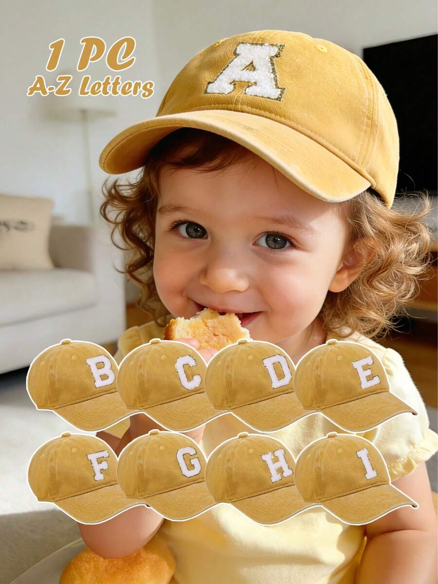 1pc Kids Yellow Baseball Cap With 26 Letters, Classic Washed Baseball Hat Suitable For Baby Boys And Girls, Outdoor Activities And Daily Wear, Sun Protection - Multicolor - View 1