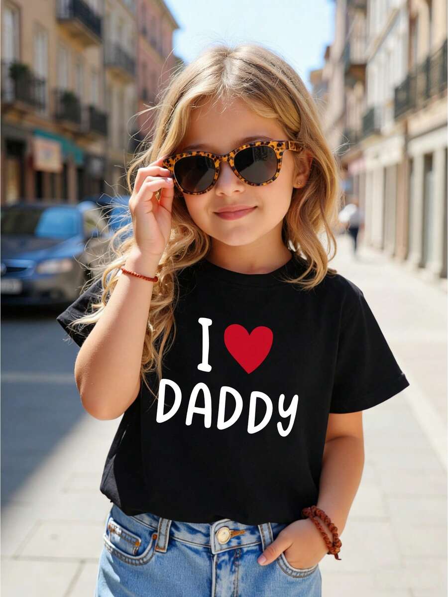 女孩“我爱爸爸”图案休闲短袖T恤 - 黑色 - 查看 1