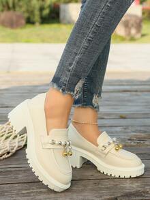 Giày đế cao và đế dày cho nữ, giày lười trang trí khóa kim loại, giày cao gót mới, giày Mary Jane, giày kiểu học sinh, giày lười mới, giày lười thường ngày, giày công sở cho nữ, giày cỡ lớn cho nữ, giày lười thiết kế khóa kim loại đính ngọc trai. - Màu be - Xem 6