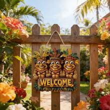 1pc Wooden Tiki Welcome Sign, Tiki Statue Hanging Wall Decor, Tropical Hawaiian Style Door Plaque, Summer Hawaii Party Decoration, Indoor Outdoor Home Garden Patio Tiki Bar Decor, Rustic Wood Hanging Ornament For Poolside, Luau Party, Backyard, Living Room, Entryway - Multicolor - View 4