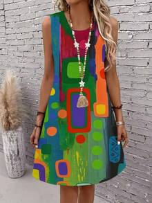 Abstract Geometric Print Women Round Neck Sleeveless Dress Casual Comfort Summer Beach Dress 250Gsm Machine Washable - Multicolor - View 1