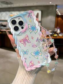 蝴蝶彩绘编织波浪边可拆卸手链简约防震加厚手机保护壳，印花款，兼容 17/17 Pro/17 Pro Max/16 XR/7/8 15 Pro Max/12 Pro Max/13 Pro Max/14 Pro Max 13 14 11 12P 14 P11软壳 P12 防摔 XS.XR /78P.78GES2 手机壳 - 彩色 - 查看 3