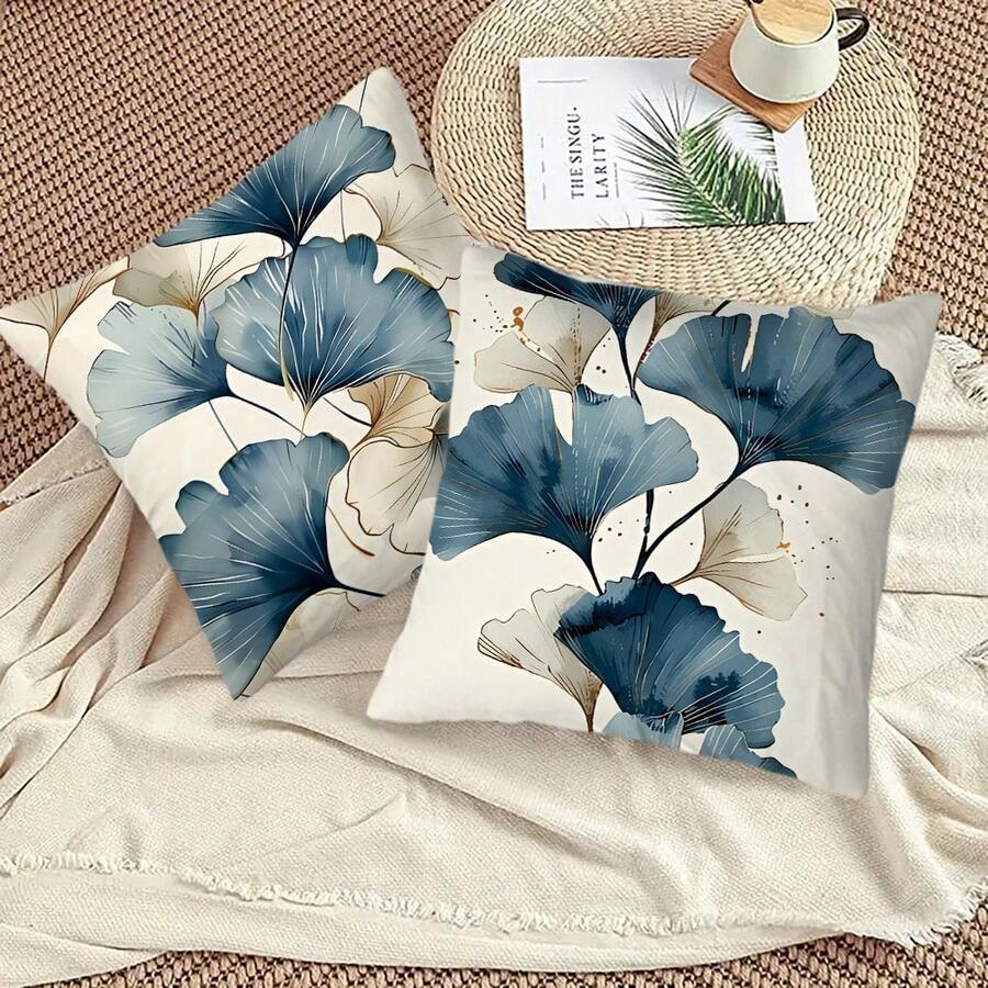 2pcs Ginkgo Leaf Abstract Modern Art Throw Pillow Covers - Soft Polyester, No Insert Needed - Great For Sofa, Bed, Car And Living Room Decor - White/Blue - Multicolor - View 1