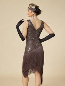 1920s Flapper Dress Long Fringe Gatsby Dress Roaring 20s Sequin Beaded Dress Wedding - Coffee Brown - View 7