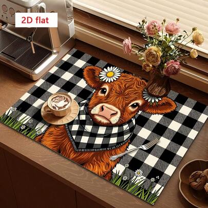 1pc Dish Drying Mat, Featuring Black & White Plaid Scarf And Daisy Flower Decor Cow Pattern Drainage Pad, Suitable For Kitchen And Coffee Maker, Multipurpose Draining Mat, Home Gift, Tabletop Decor