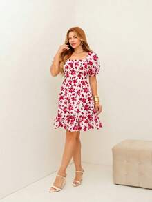 RAINBOW Women's Short Princess Floral Dress With Puff Sleeves And Elasticated Fabric - Elegant Fashion - One Size Fits 36-42 (Brazilian Sizes) - Crepe Fabric - 128-紅色 - 查看 1