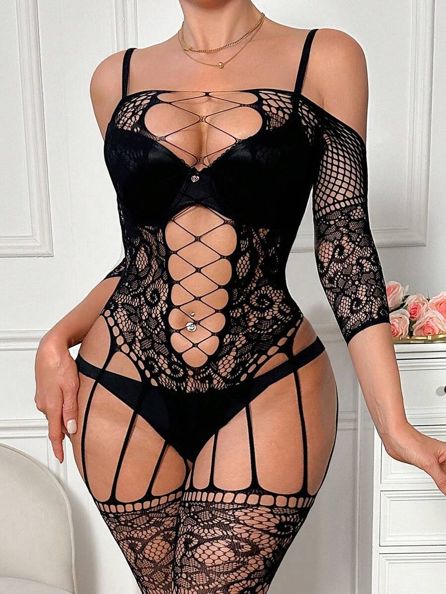 Bộ jumpsuit gợi cảm, bộ jumpsuit hoa đan chéo, bộ jumpsuit lưới khoét lỗ - màu đen - Xem 1