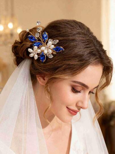 2 piezas Elegantes Pinzas para el cabello con cristal y perla de color azul marino, Accesorios de boda nupcial de lujo vintage