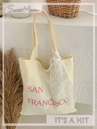 1个米色布艺休闲清新字母蕾丝抽绳蝴蝶结装饰轻便大容量可折叠单肩手提包，适合春夏新款搭配，适用于上学、旅行、购物、约会、送礼等场合，适合女性、少女、女大学生、职场新人及白领，完美适用于办公室、大学、工作、商务、通勤、户外、旅行、外出等场合，可作背包使用，便携大容量。