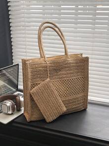 镂空编织草编手提包，配同款小钱包，大容量单肩包，法式度假风，适合通勤、海滩、日常休闲使用 - 卡其色 - 查看 10