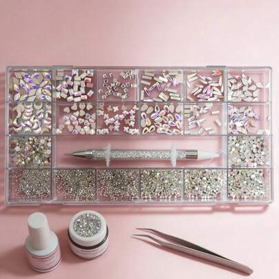 Bộ 21 ô đính đá pha lê 3D lấp lánh màu sâm panh, dụng cụ trang trí móng tay, bút chấm đá, phụ kiện trang trí móng tay, đồ dùng làm móng, đá trang trí móng.