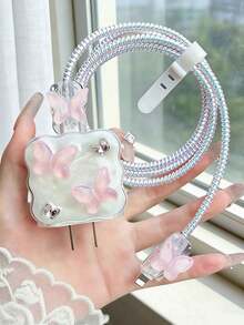 5 piezas Funda protectora de cable de carga con purpurina transparente y diseño de mariposa rosa, compatible con cargador original Apple 18W/20W - Multicolor - Ver 3