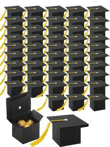 50/15 piezas/1 pieza Caja de dulces con forma de birrete de graduación, Suministros para fiesta de graduación 2025, Adecuado para regalos de fiesta de graduación - Caja negra + cuerda amarilla - Ver 8