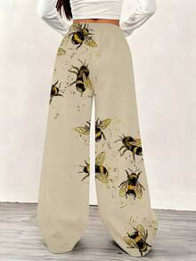 Casual Loose Fit Wide Leg Pants Beige Bee Print Design Comfortable Sweatpants For Leisure And Sports Activities - Multicolor - View 4