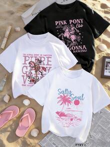 Camisetas de manga corta estampadas de 3 piezas para niñas preadolescentes, camisetas casuales de cuello redondo para verano, adecuadas para uniforme escolar diario, compras y juegos, ropa para niños estudiantes jóvenes, tops de verano para niños - Multicolor - Ver 1