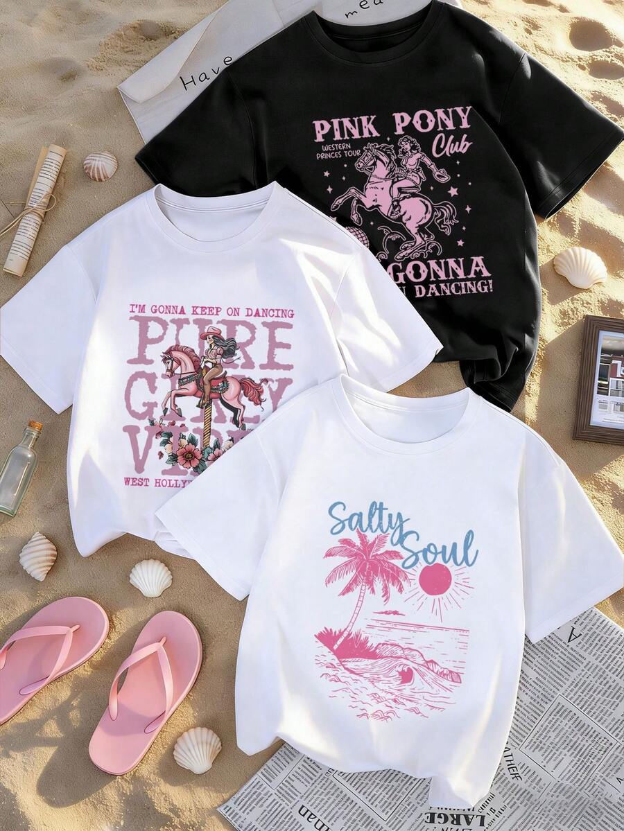 Camisetas de manga corta estampadas de 3 piezas para niñas preadolescentes, camisetas casuales de cuello redondo para verano, adecuadas para uniforme escolar diario, compras y juegos, ropa para niños estudiantes jóvenes, tops de verano para niños - Multicolor - Ver 1