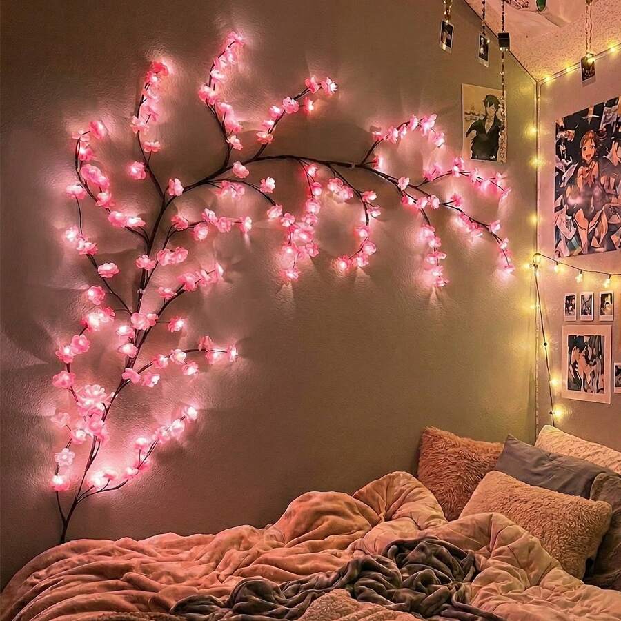 Sakura Tree Branch Lights Decor Wall-Mounted, Sakura Lights With Remote Control Timer, 8 Lighting Modes, Soft Willow Branch Fairy Lights, Bedroom Home Floral Wall Decor, Spring DIY Decoration