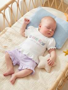 Toddler Baby Girl Summer Outfits Letter Crab Starfish Shell Embroidery Short Sleeve Tops Elastic Waist Shorts 2Pcs Clothes Set - 紫色 - 查看 5