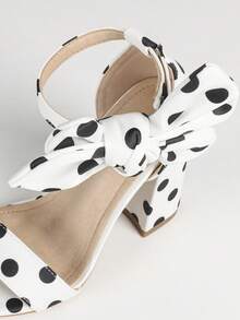 SOLE STORY Women's Chain Printed Polka Dot Tie-Up Open Toe Chunky Heel Sandals, Retro Fashion Style, Multi-Color Satin Printed Mid-Heel Sandals, Suitable For Fashionable Parties,Summer Outfits - Black and White - View 7
