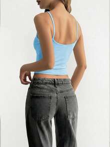 Vaiaye 女士时尚内衣风上衣，春夏条纹印花圆领修身休闲度假性感吊带背心，适合海滩度假和日常休闲穿着。 - 天藍色 - 查看 2