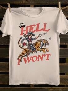 Women's "The Hell I Won't" Cowgirl T-Shirt – Retro Tiger Rider & Western Tattoo Graphic Crew Neck Tee, Wild Western Casual Top. - 杏色 - 查看 1