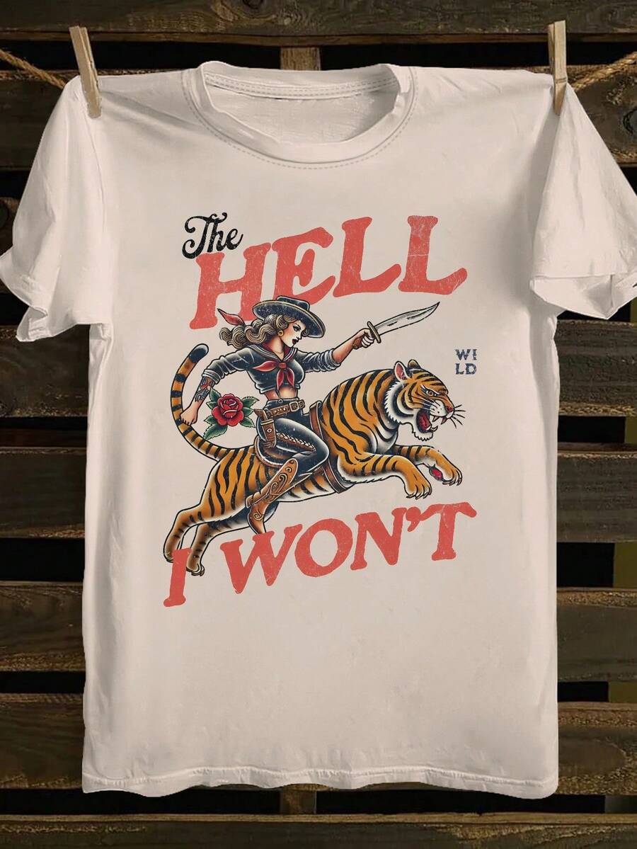 Women's "The Hell I Won't" Cowgirl T-Shirt – Retro Tiger Rider & Western Tattoo Graphic Crew Neck Tee, Wild Western Casual Top. - 杏色 - 查看 1