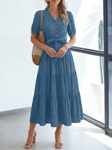 Women's Summer Dresses For Elegant Classy Short Sleeve V Neck Ruffle A Line Belted Long Flowy Beach Vacation Dress Easter Dresses For Women - Xám Xanh - Xem 5