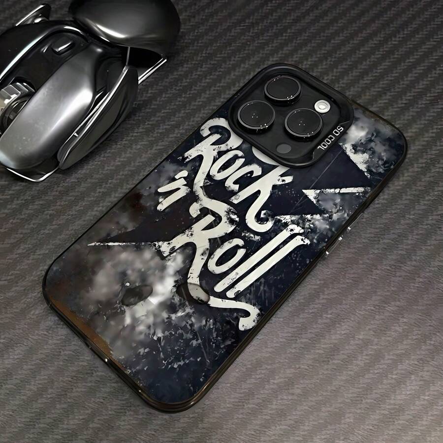 Gráfico blanco de rock and roll desgastado sobre fondo negro.funda de teléfono Fundas compatibles con ,Apple,VIVO,OPPO,,, y Honor.Fabricadas en silicona TPU,ofrecen protección contra golpes y caídas. - Negro - Ver 1