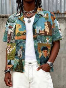 Men's Fashionable Box-Shaped Short Summer Shirt With Random Oil Painting Element Pattern, Oversized Heavyweight Quality Fabric, Special Design, Essential Summer Short Shirt - Blue - View 5