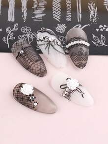 2件套优雅蕾丝美甲印花模板，蕾丝蝴蝶结花朵图案美甲烫印板，DIY美甲沙龙配件，美甲印花板，美甲工具 - 銀色 - 查看 4