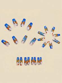 24pcs Long Ballet-Shaped False Nails, French Blue Butterfly Press-On Nails, Removable Full Coverage Nails, Suitable For Parties, Proms, And Daily Wear - Blue - View 2