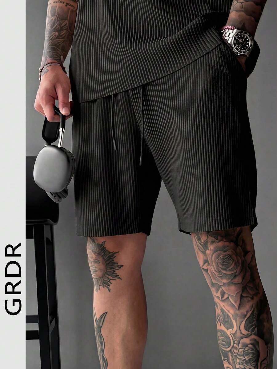 GRDR 男士极简黑色抽绳短裤,纹理面料,舒适休闲通勤短裤,夏季之选 - 黑色 - 查看 1