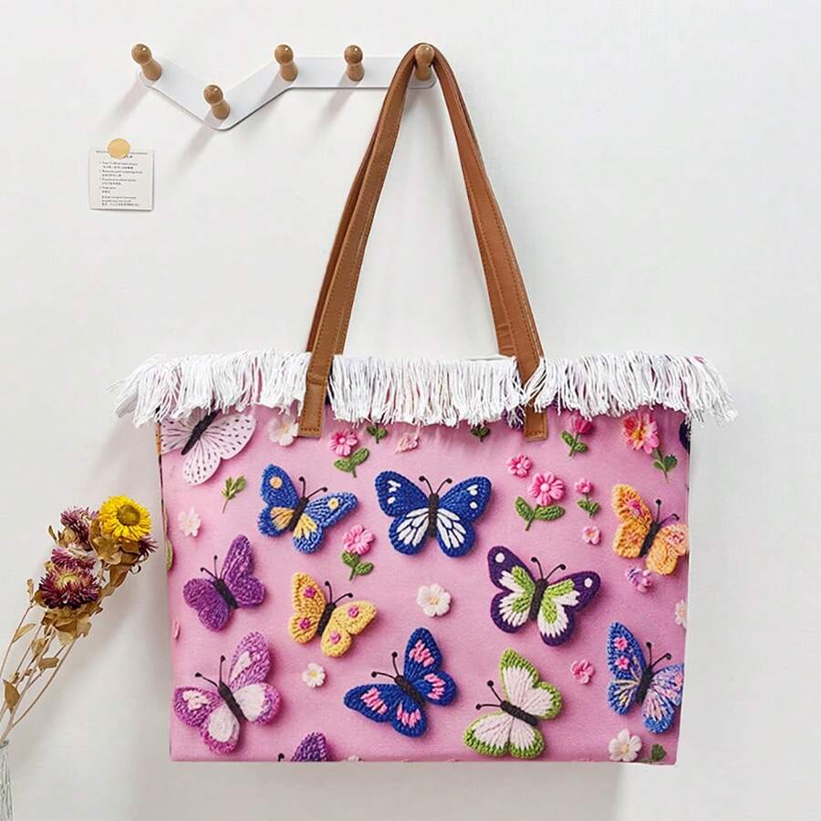 Bolso de mano, bolso de compras, bolso de viaje o bolso de hombro para mujer con estampado de mariposas vintage. - E - Ver 1