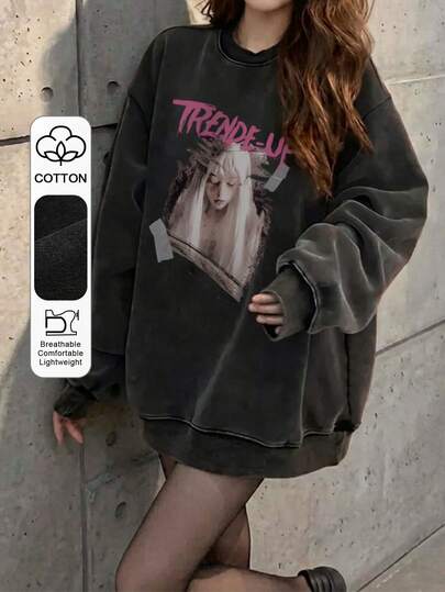 女士 Y2K 复古美式休闲简约做旧水洗圆领卫衣 黑色 春季