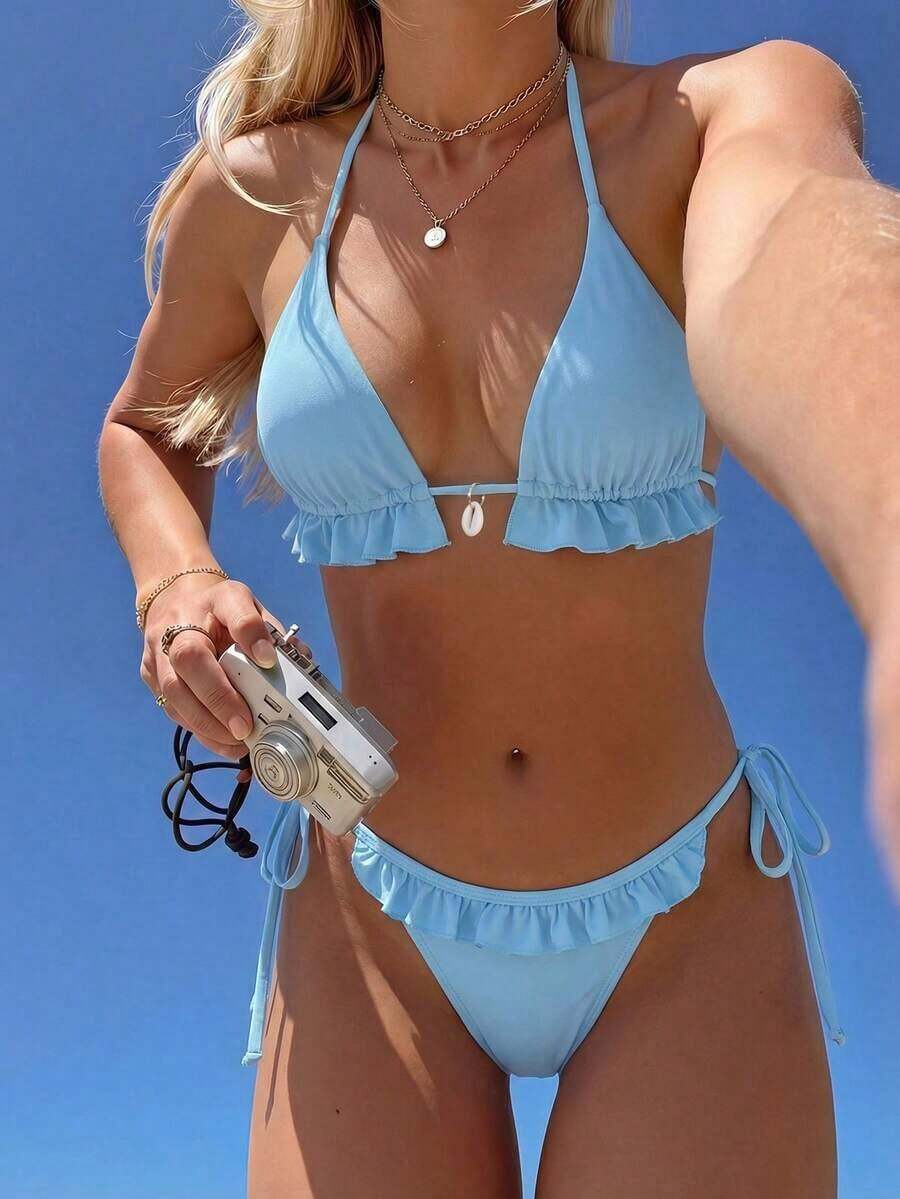 Swim Mod Women's Swimsuit, Two-Piece Bikini Set With Halter Neck, Ruffles And Bow In Solid Color For Summer - 藍色的 - 查看 1
