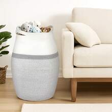 105L Extra Large Cotton Rope Laundry Hamper, Foldable Storage Basket For Laundry - White & Grey - View 6